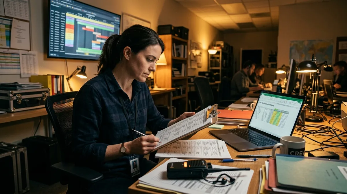 Second assistant director reviewing call sheet on clipboard in a production office at night with laptop and walkie-talkie on desk