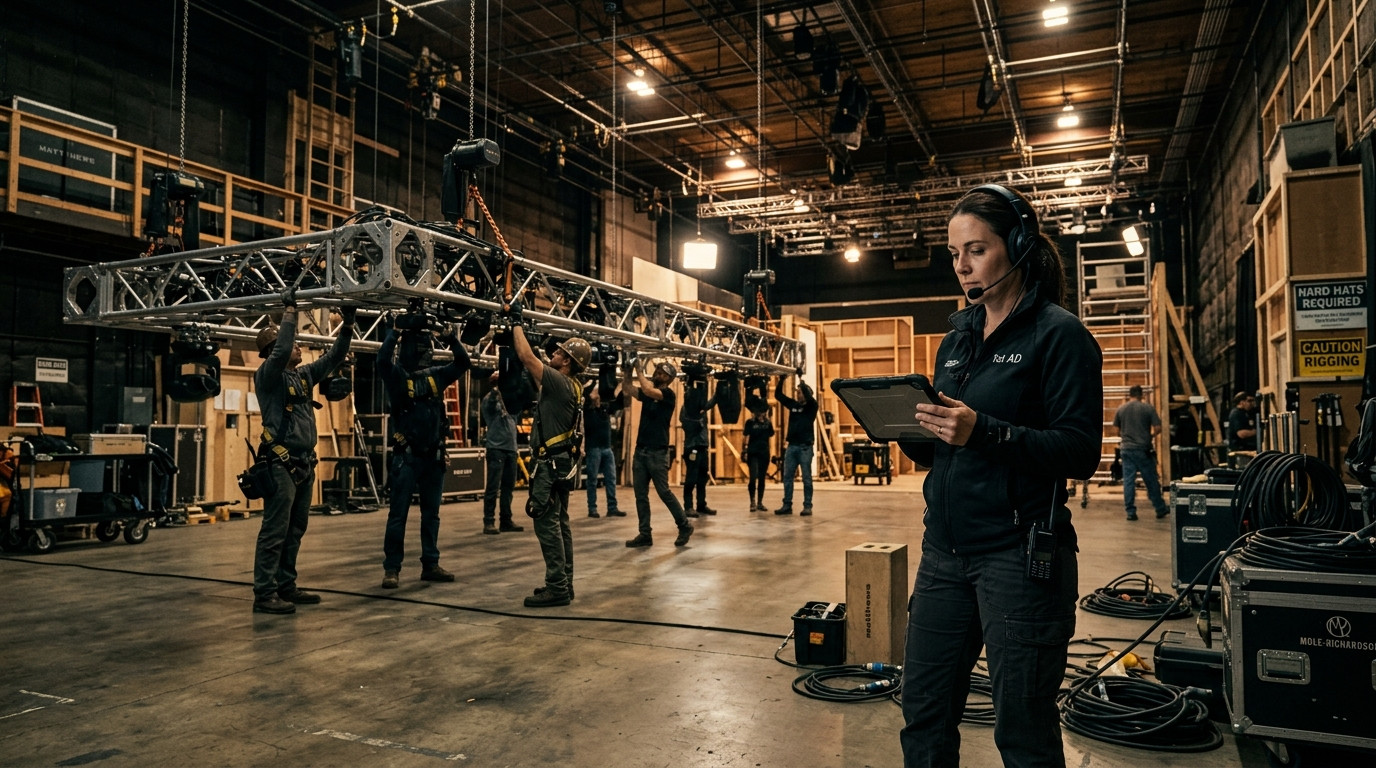 First assistant director reviewing an advance rigging call schedule on a tablet while grips assemble an overhead lighting truss on a soundstage.