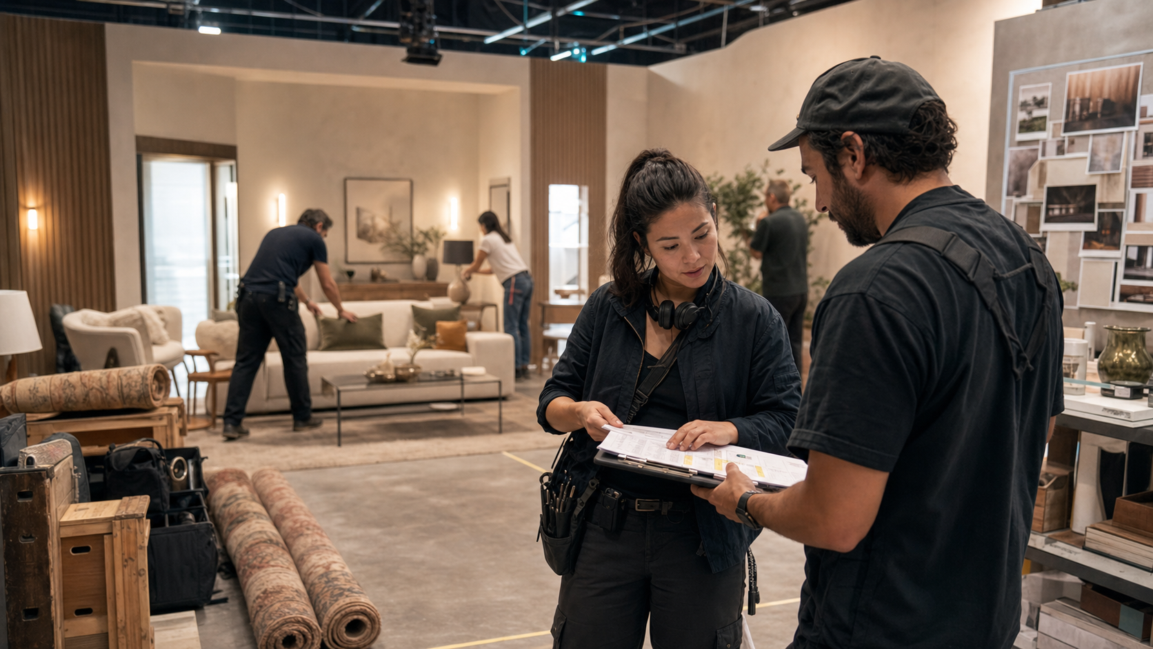 Production coordinator reviewing art department delivery details with set dressers preparing a commercial set.