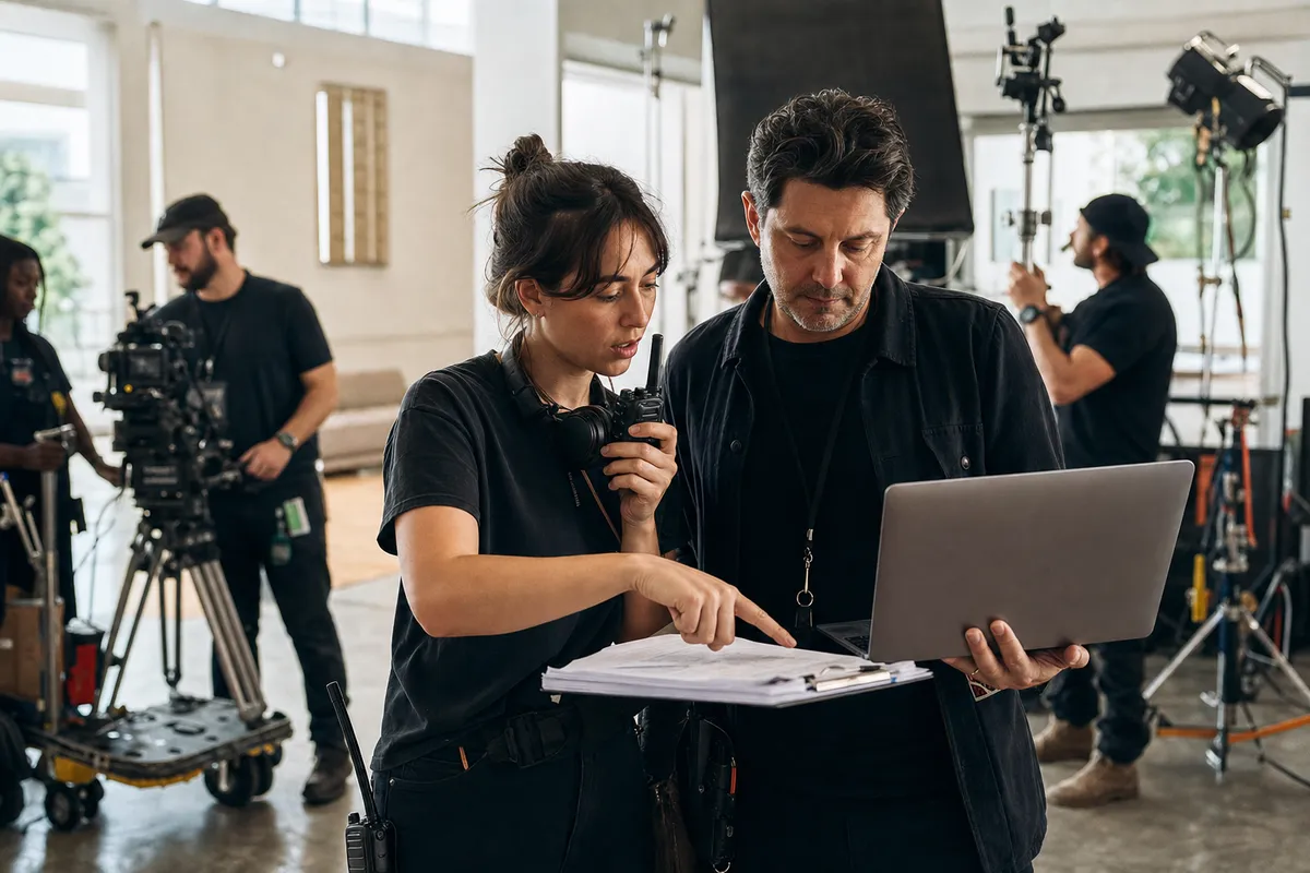 Assistant director coordinating a small film crew before call time with a laptop, radio, schedule papers, and camera gear on set.
