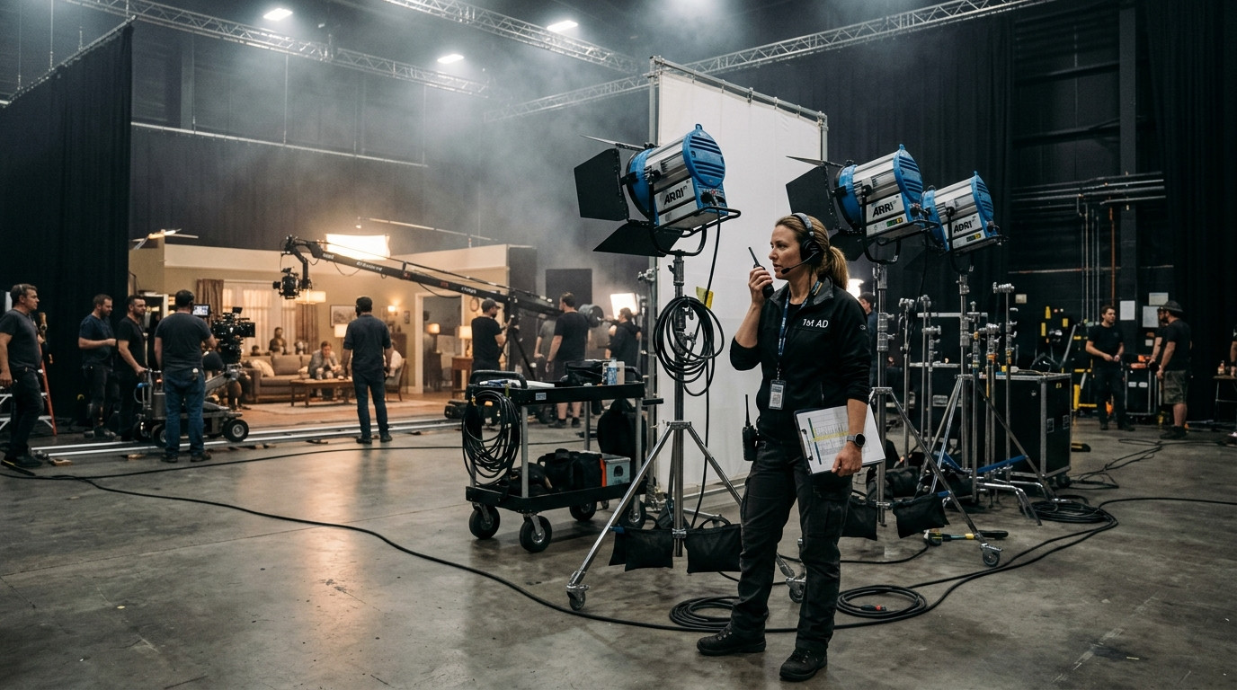 A 1st assistant director in a film studio standing near lighting equipment as gentle atmospheric haze fills the background