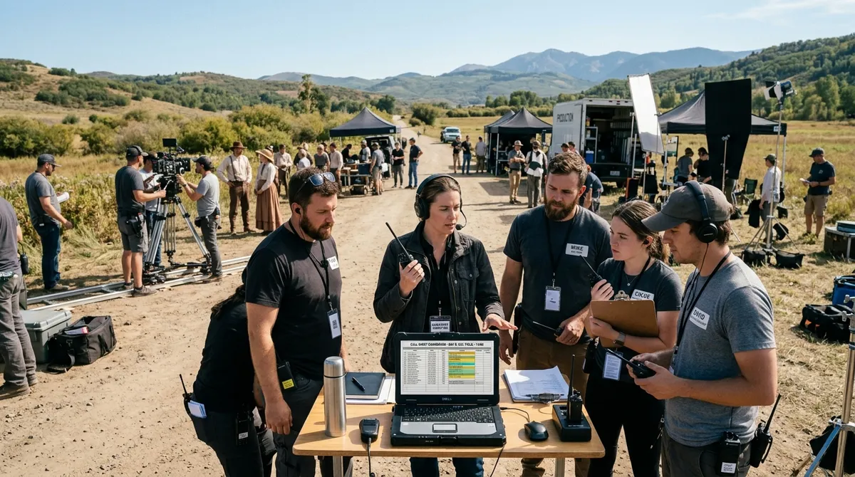 Assistant director at an outdoor film set using a laptop to monitor crew confirmations with teammates gathering around, illustrating automated crew reminders.