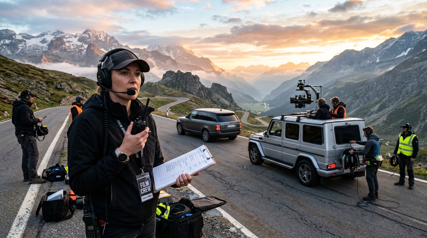 A wide-angle landscape shot (16:9 aspect ratio) depicting a focused assistant director holding a clipboard and walkie-talkie while coordinating a camera chase vehicle and crew on a scenic mountain road during an automotive commercial shoot at dawn