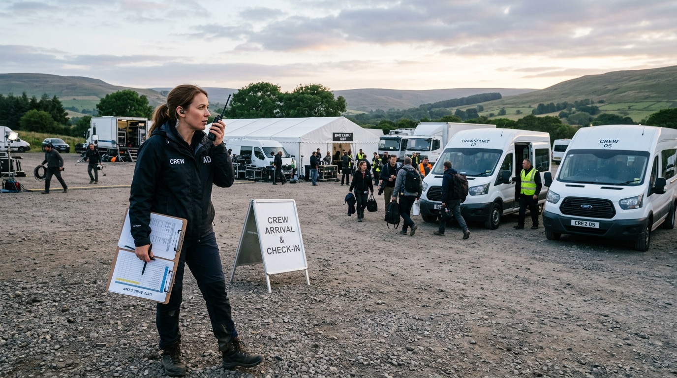 A focused assistant director holding a production clipboard and walkie-talkie while coordinating transport vans and crew arrivals at an early-morning production base camp.