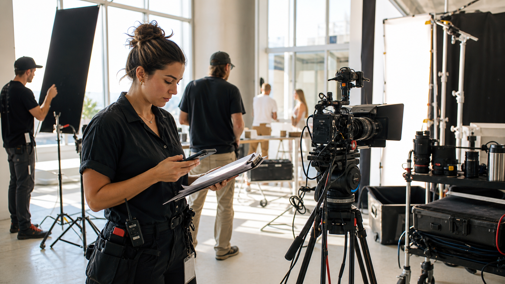 Production coordinator checking crew confirmations beside camera gear during a bright commercial photo shoot
