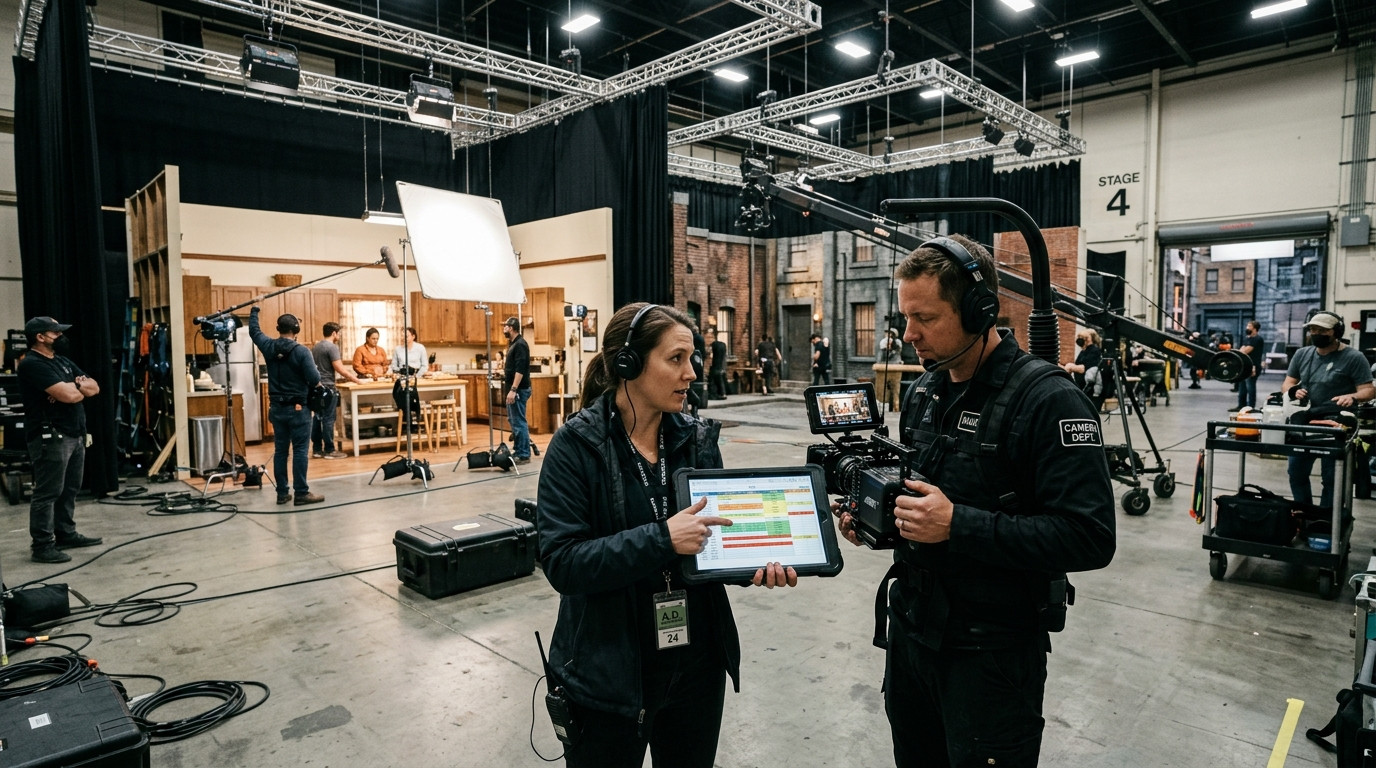 An assistant director holding a digital tablet reviewing a detailed film production schedule with a camera operator on a multi-setup studio set
