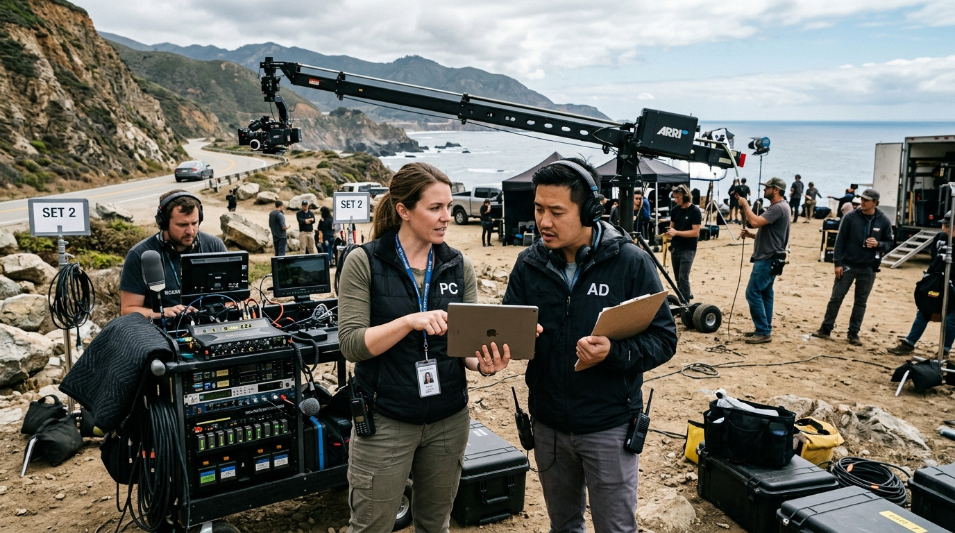 Production coordinator and assistant director on a commercial film set reviewing sound department call times on a tablet near audio gear