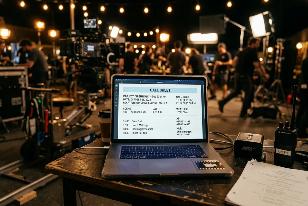 A close-up cinematic photo of a laptop on a film production set, displaying a modern digital call sheet on its screen, with soft warm lights and blurred filming equipment in the background.
