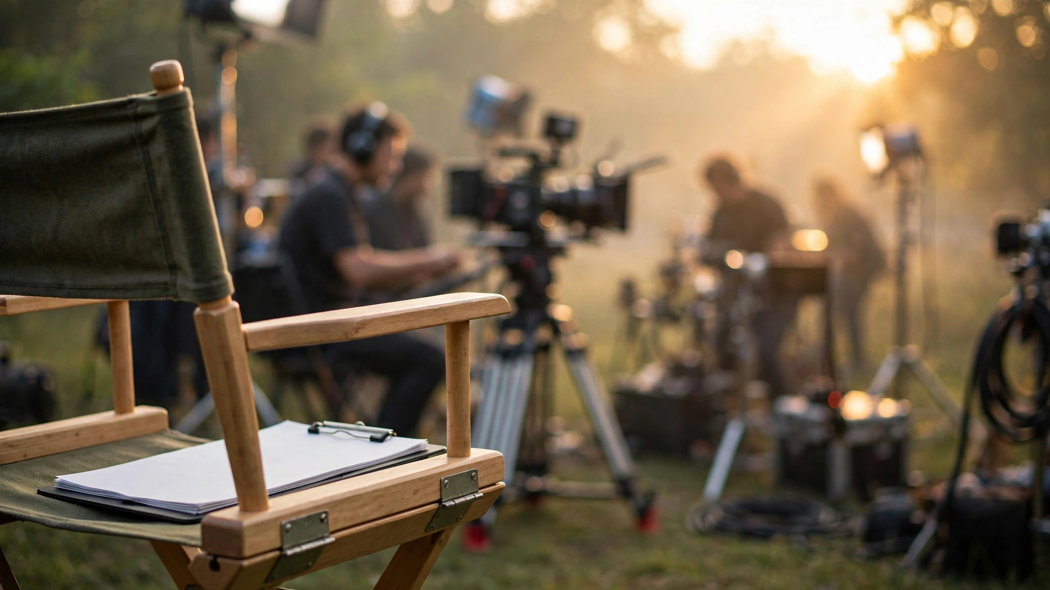 A clipboard of call sheet paperwork rests on a director's chair on a film set at dawn while the crew prepares cameras in the background.