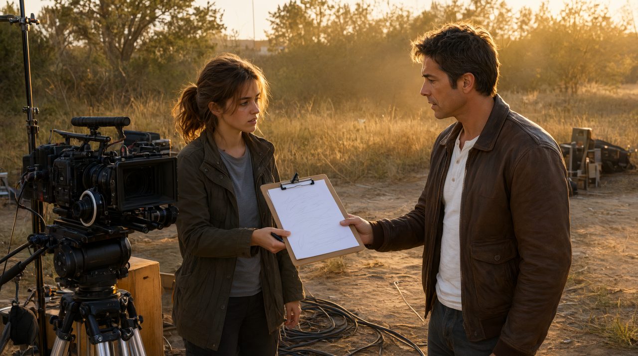 A production assistant hands clipboard paperwork to an actor on a film set near camera equipment.