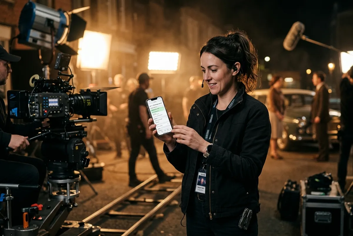 A professional film crew member checking a mobile-optimized call sheet on their smartphone on a film set.