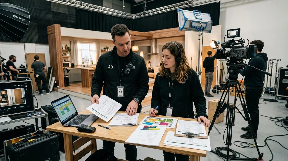 An assistant director and production coordinator reviewing production documents and shot lists in a studio set