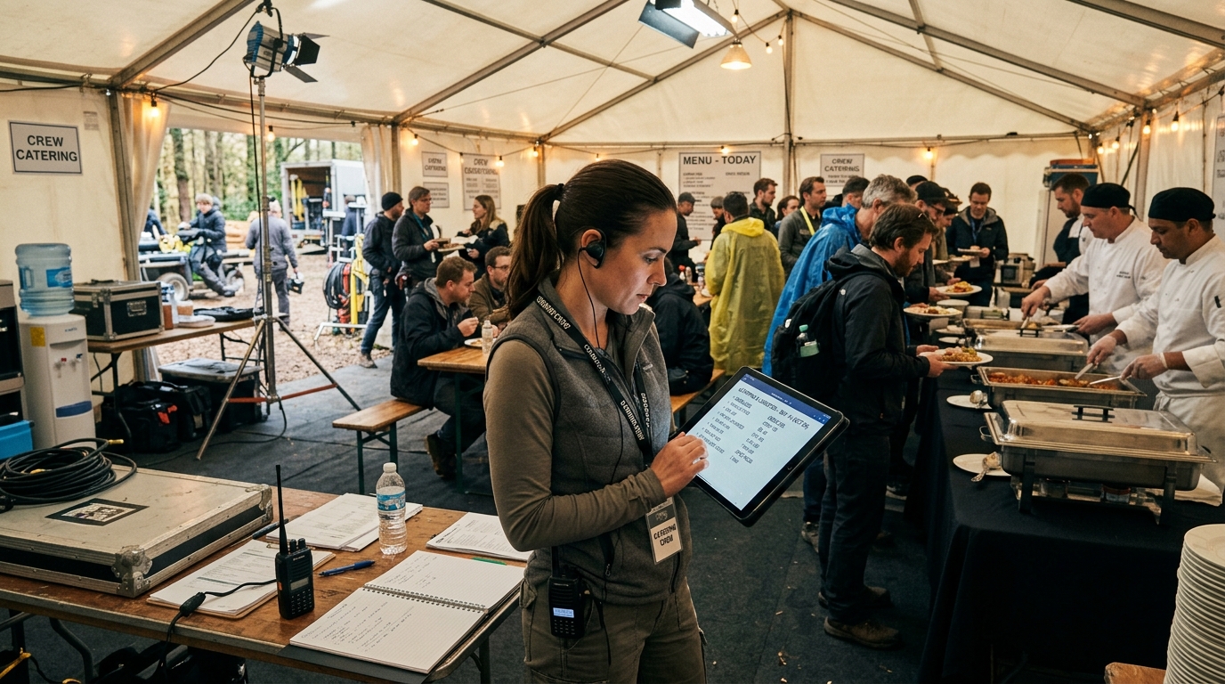 A focused production coordinator reviewing catering notes and crew logistics on a tablet inside a busy film catering tent