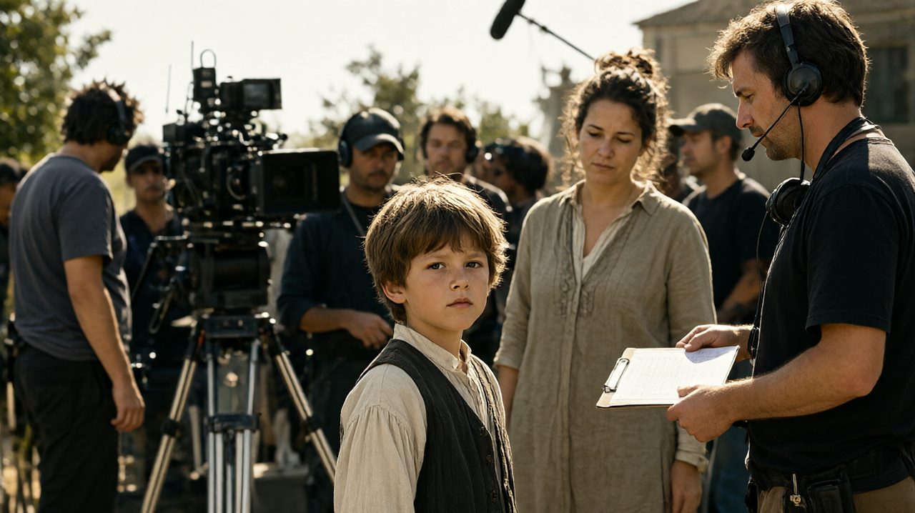 A young child actor on a film set with a parent nearby while an assistant director holds a call sheet clipboard.