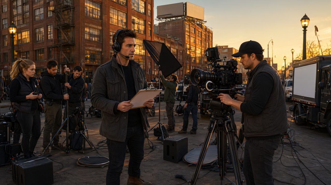 Commercial film crew with a cinema camera on location reviewing the day's call sheet at golden hour