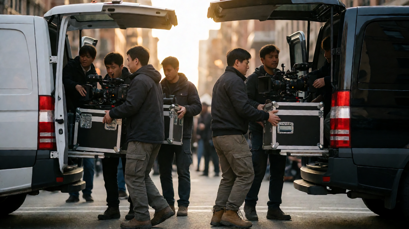 A film crew loading camera gear and equipment cases into production vans at dawn before a company move between locations.
