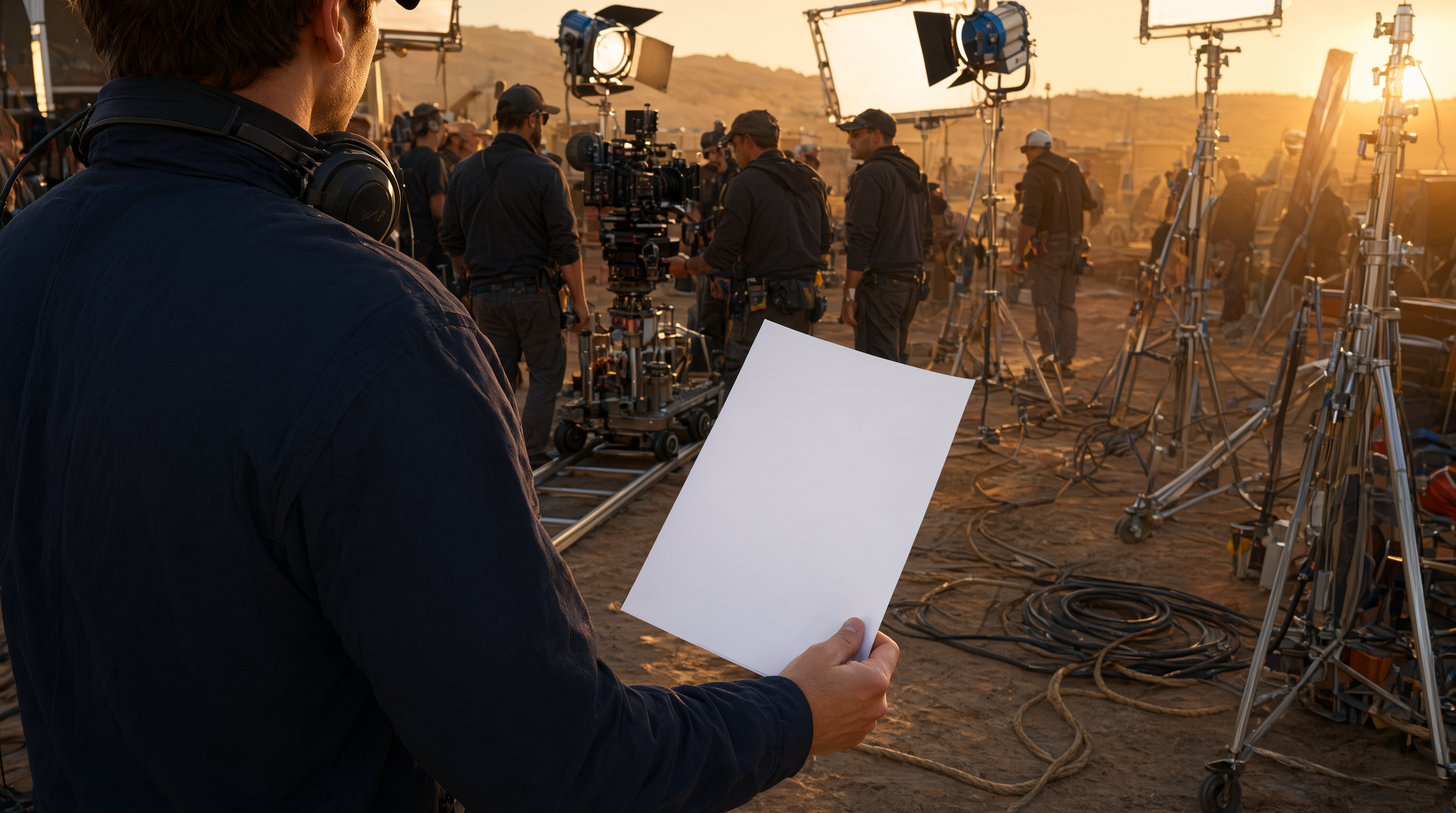 An assistant director holding a blank call sheet on a film set at golden hour, with crew and camera equipment in the background.