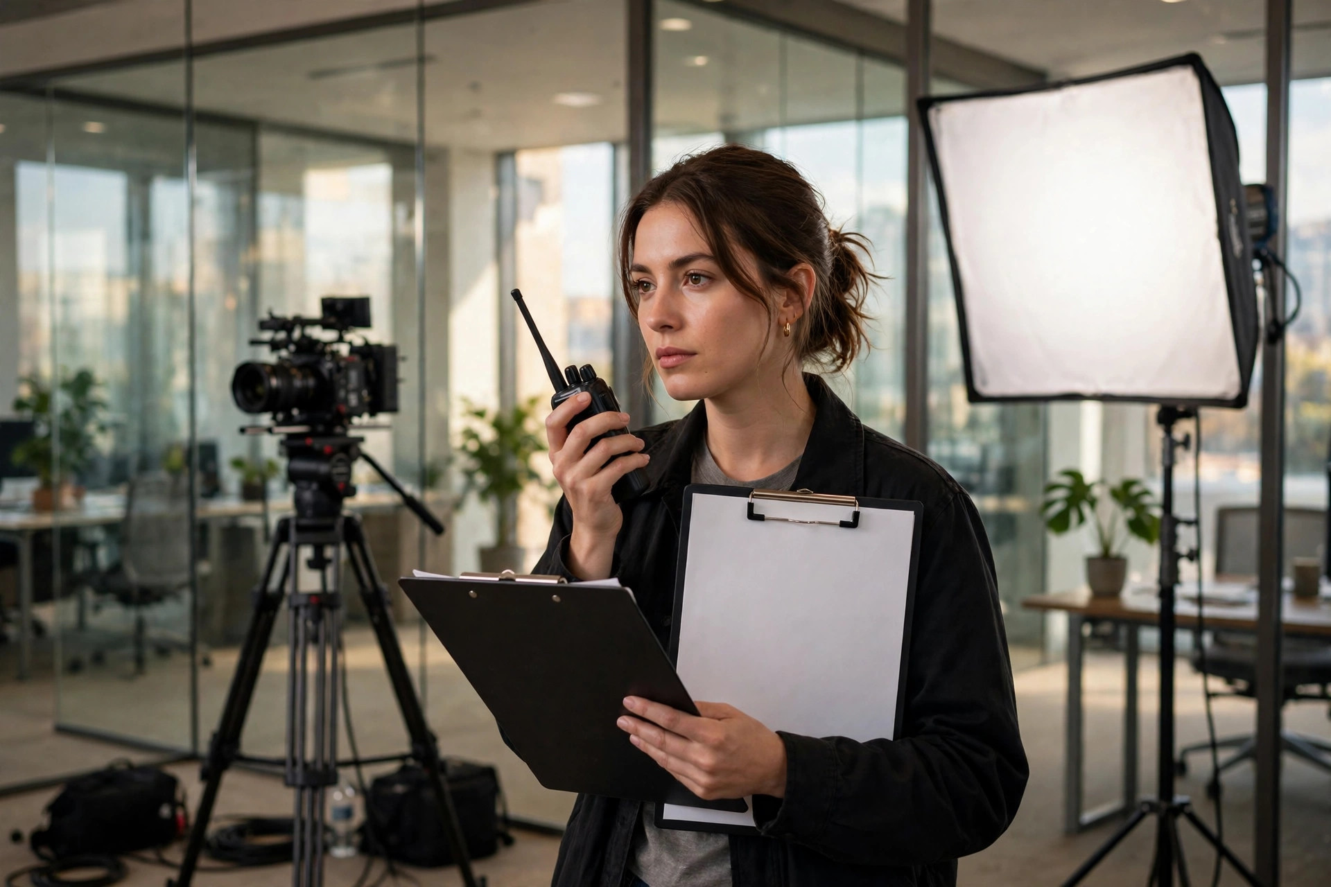 An assistant director holding a clipboard and radio on a corporate office film set with a camera tripod and softbox light.