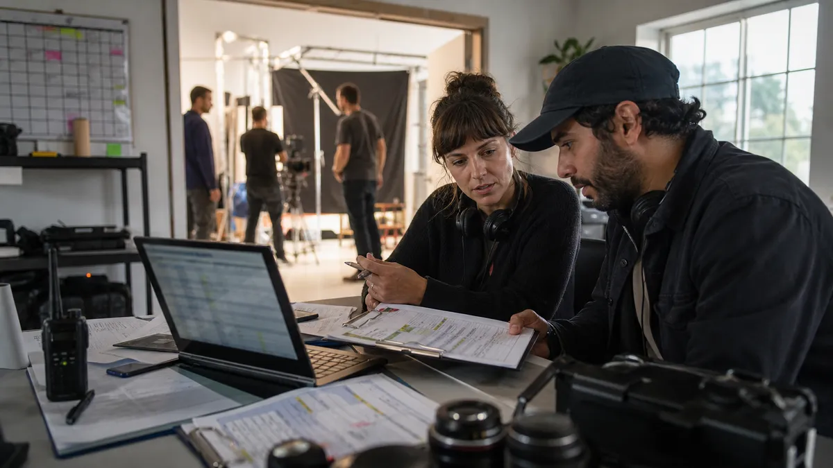 Assistant director and production coordinator preparing a shoot day with laptop, clipboard, radios, and camera gear in a bright production office
