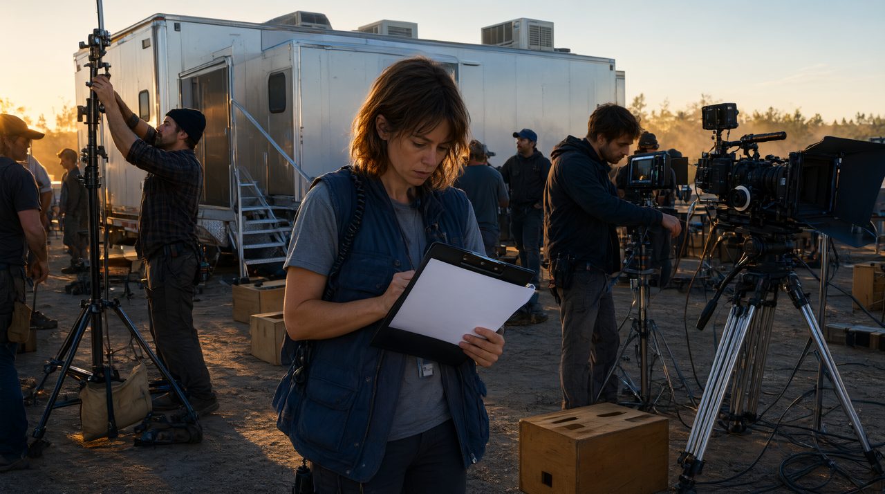 A first assistant director reviews a call sheet on a clipboard with a busy film crew and camera equipment around her at golden hour.