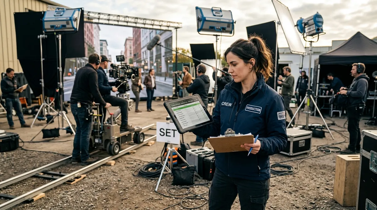 A production coordinator in a navy blue jacket holding a clipboard and looking at a tablet showing crew status on a film set.