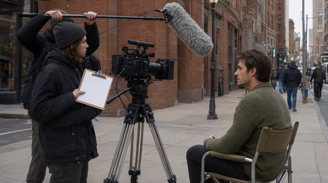 A documentary crew films a street interview with a tripod camera and boom mic while the producer holds a clipboard call sheet.