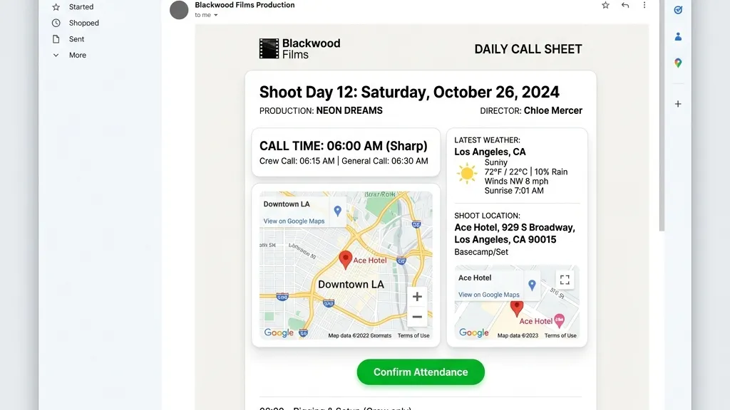 Mockup of a professional call sheet email featuring general call time, location map, weather forecast, and a green Confirm Attendance button.