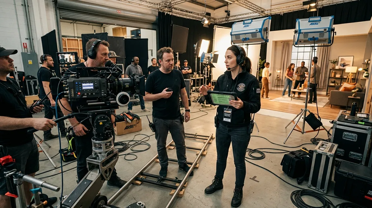 A focused assistant director holding a digital tablet coordinates production plans with film crew members on a busy commercial set.
