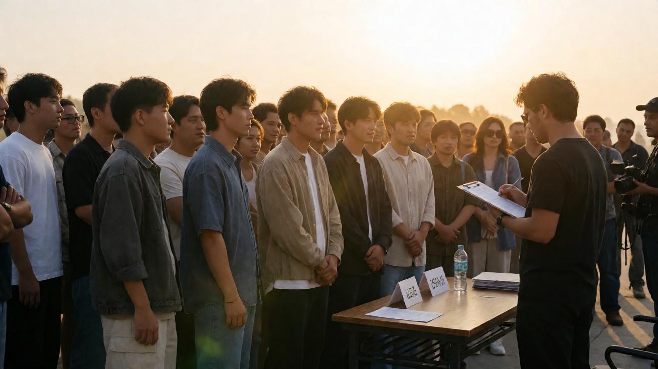 A crew member with a clipboard checks in a large crowd of background actors gathered at a film set at dawn.