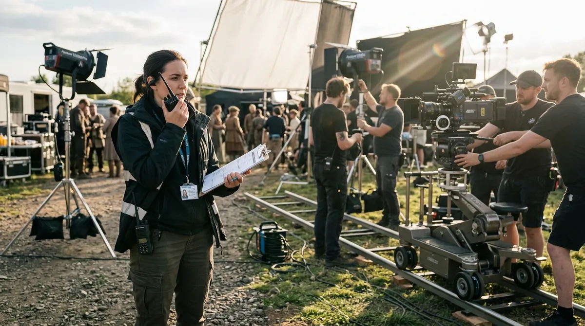 A production coordinator holding a clipboard and talking on a walkie-talkie on a cinematic film set with crew adjusting lights and a camera on a dolly.