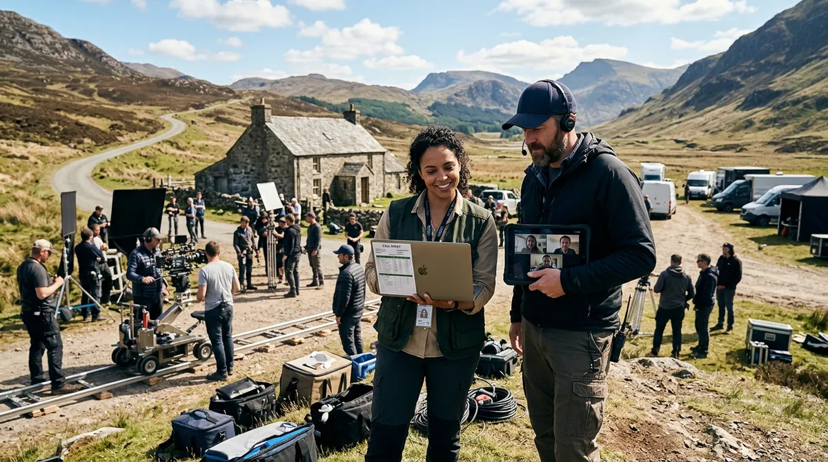 Assistant director and production coordinator reviewing a digital call sheet on a laptop at a busy location scouting site, with crew and a tablet showing a remote video call, bright natural light, cinematic realism