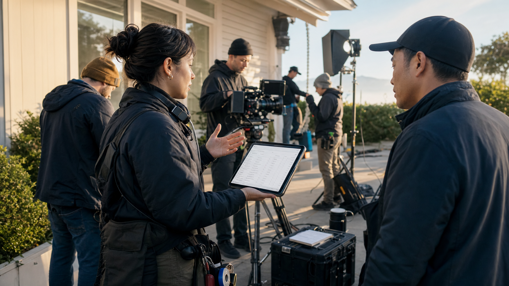 Assistant director reviewing key crew contacts on a tablet while coordinating a small commercial video crew at a location before call time