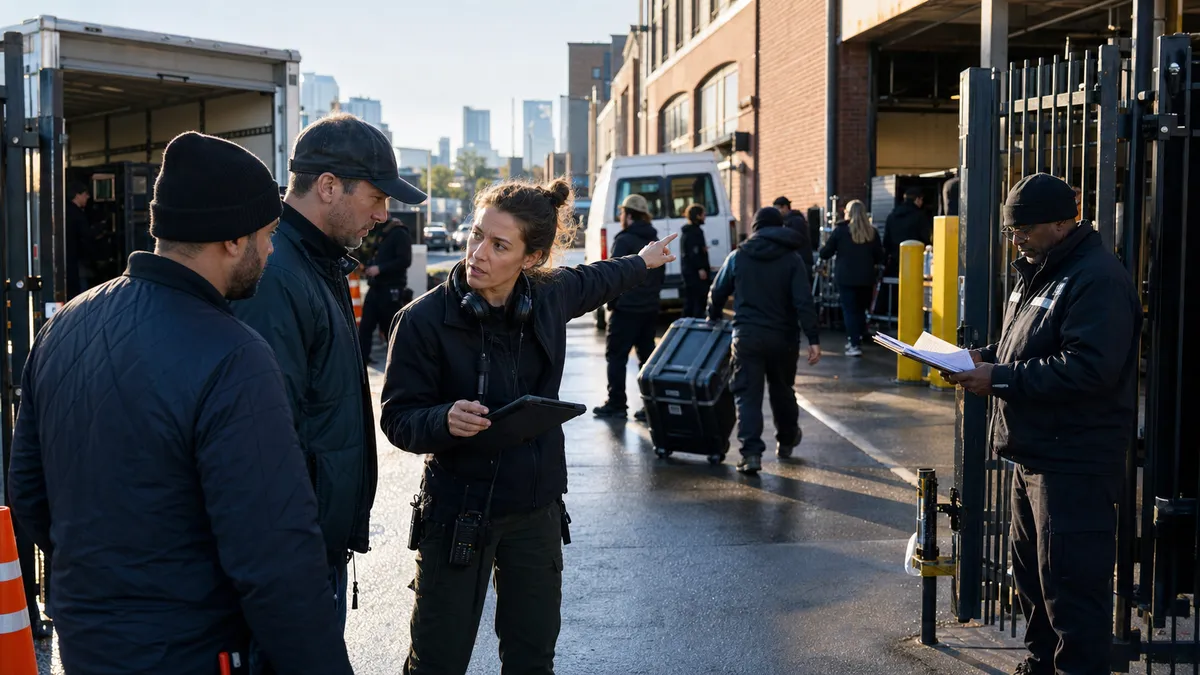 Assistant director directing crew and production vehicles through a gated location entrance while a location manager reviews permit paperwork.