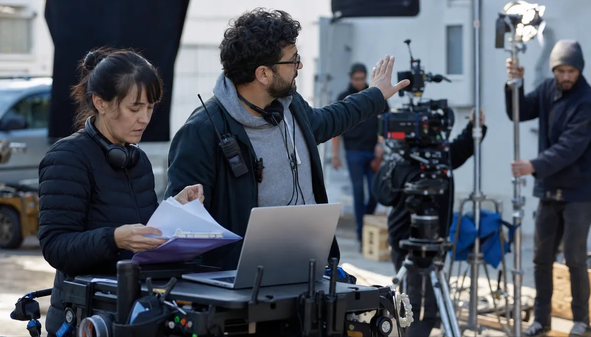 Assistant director and production coordinator using a laptop and radios to coordinate crew before call time on a small film set