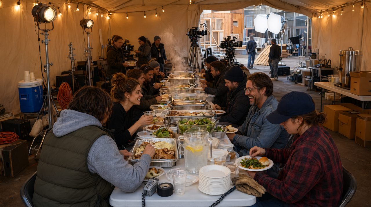 Film crew sharing a hot catered meal at long tables on a movie set at golden hour.