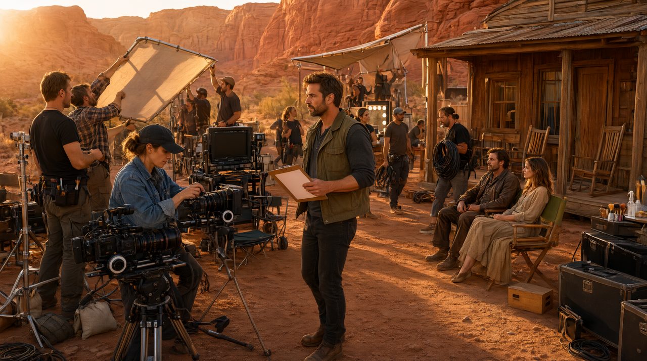 A film crew working on an outdoor location set at golden hour while a director reviews the day's schedule.
