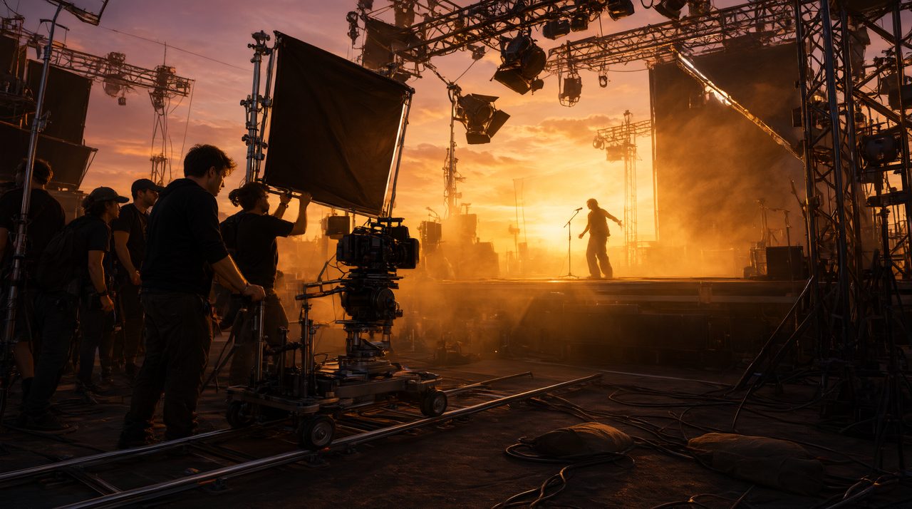 Film crew shooting a music video performance on an outdoor stage at golden hour.