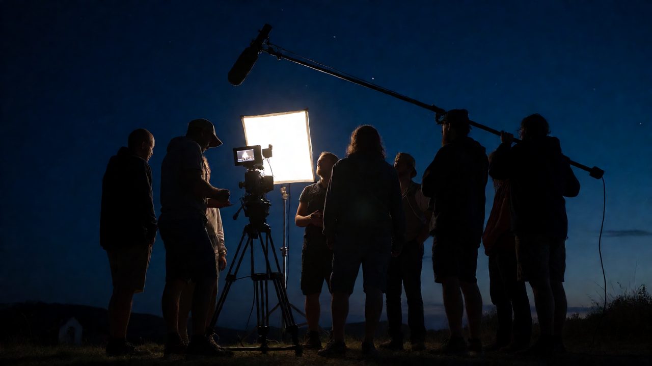 Film crew silhouettes around a glowing softbox light on a night shoot location under a dark blue sky.