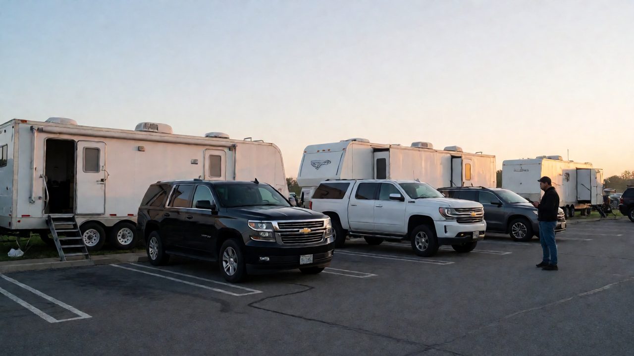 Film crew vehicles and production trailers parked in a lot at dawn while a crew member checks directions on a phone.