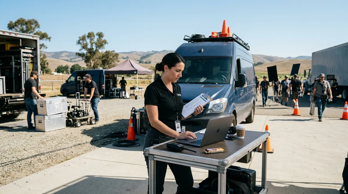 A professional production coordinator verifying crew parking coordinates and location maps on her laptop outside a production van on a commercial film set.