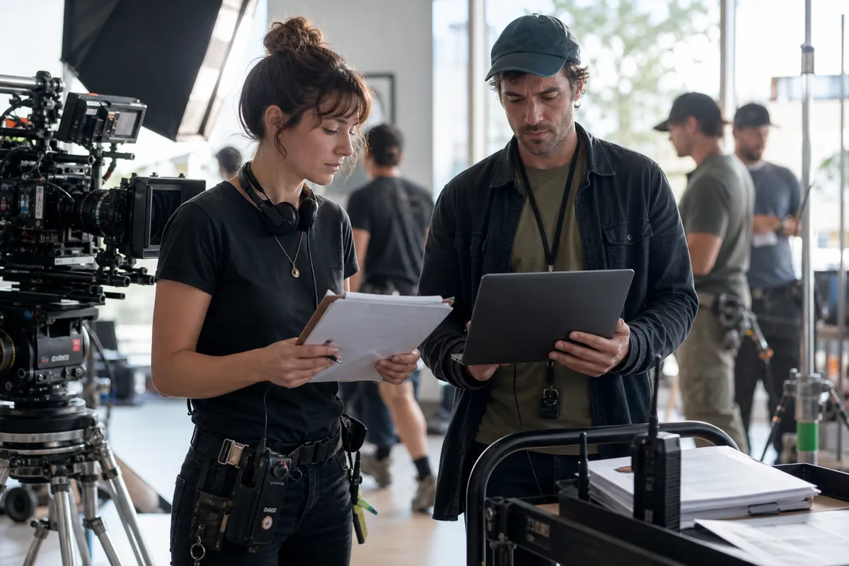 Assistant director and production coordinator organizing call sheet delivery with crew on a bright film set