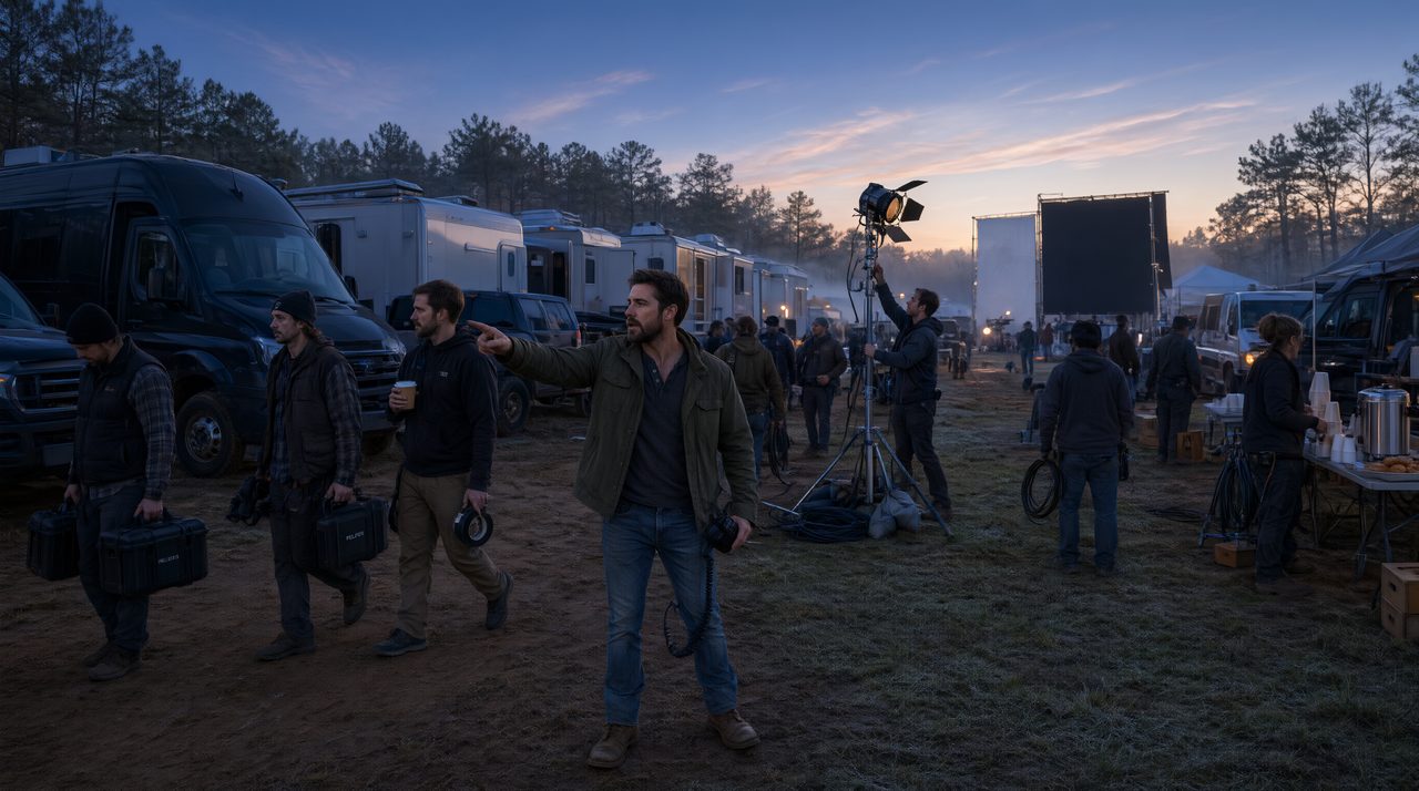 An assistant director with a walkie talkie directing arriving crew members toward a production base camp at dawn.