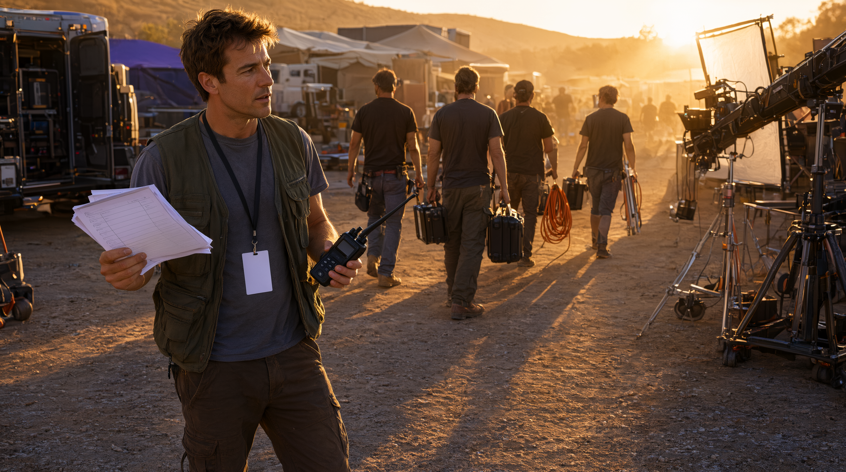 An assistant director reviewing a printed call sheet on a film set at golden hour while crew members arrive.