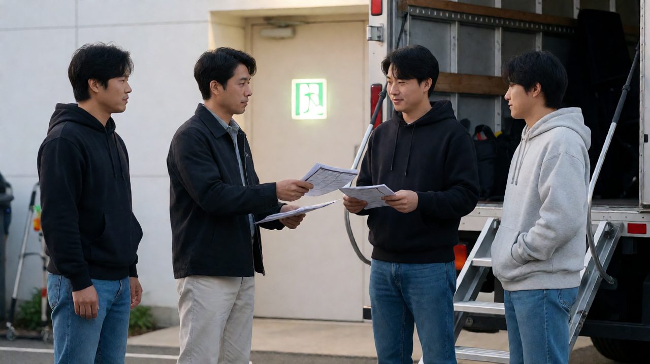 An assistant director hands call sheets to crew members beside a production truck at dawn, with a glowing emergency exit sign behind them.