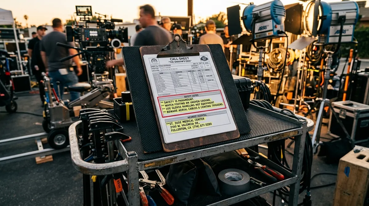 A professional film production call sheet on a clipboard resting on a grip department cart, showing the highlighted safety notes and nearest hospital sections with filming equipment blurred in the background.