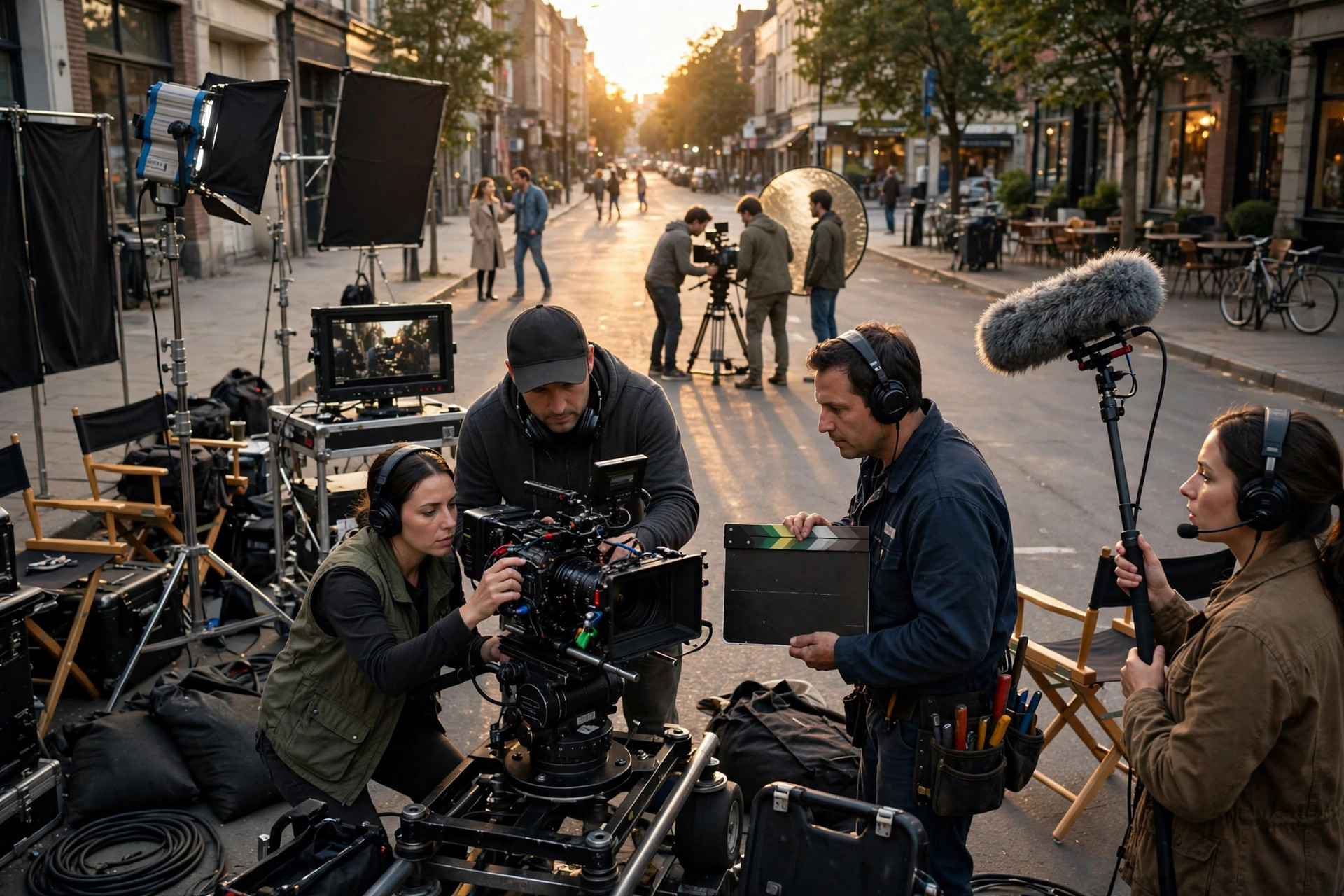 A film crew shooting a street scene at golden hour, with camera, lighting, and sound crew at work on location.