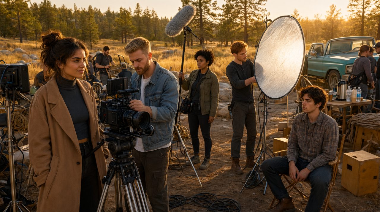 A small short film crew shooting outdoors at golden hour with a camera on a tripod.
