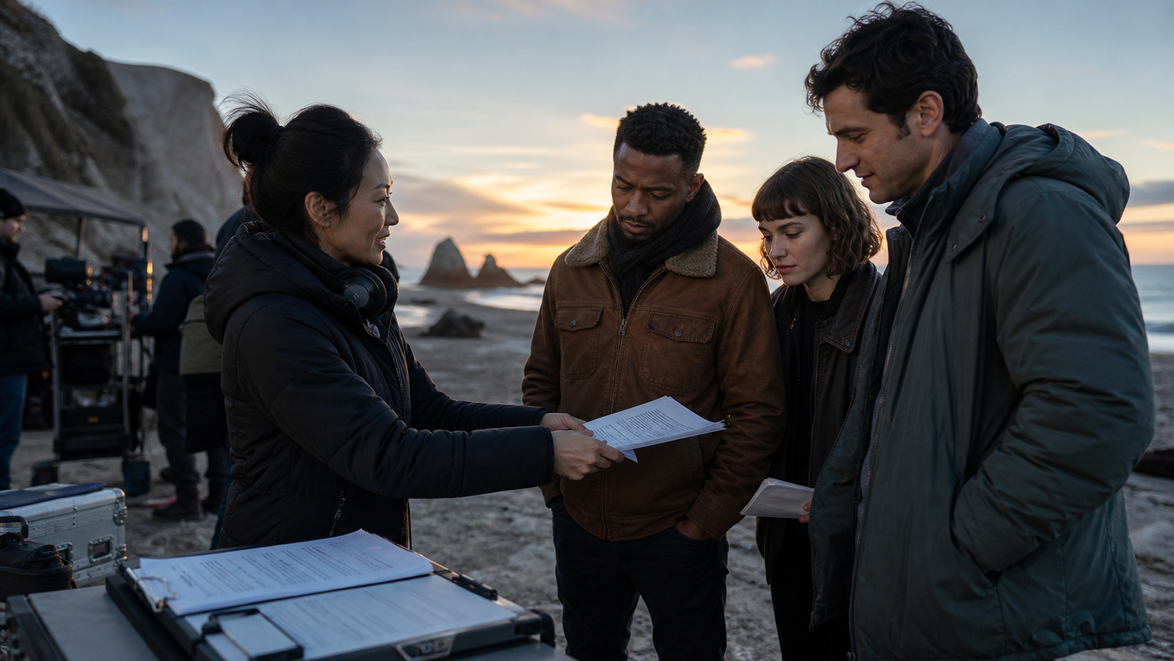 Assistant director handing daily script sides to cast beside a call sheet before a morning location shoot