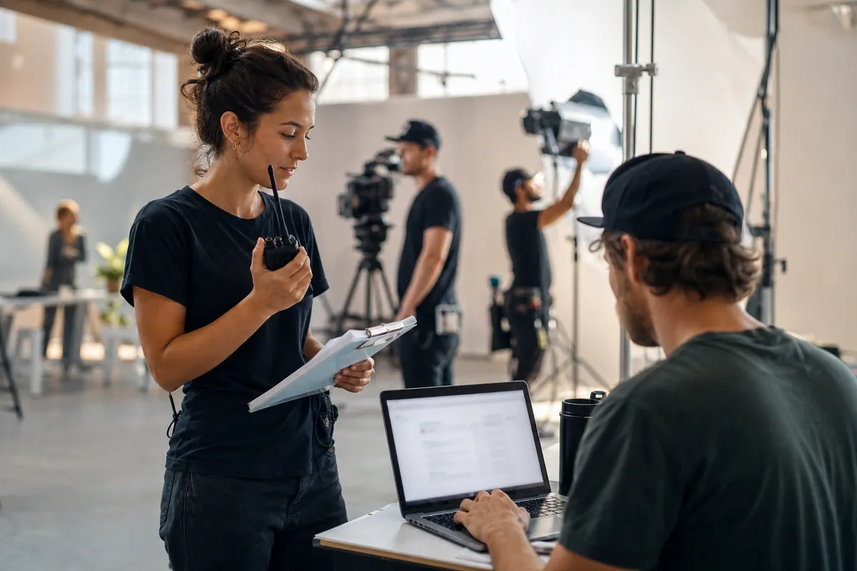 Assistant director and production coordinator organizing a small commercial video shoot with laptop, clipboard, radios, and crew activity before call time