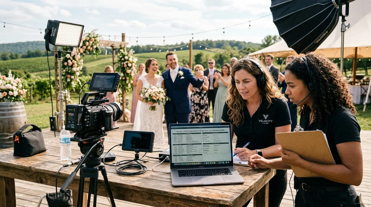 Wedding videographer and assistant director reviewing a digital call sheet on a laptop at an outdoor venue